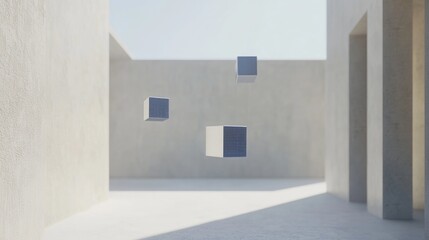 Poster - Floating cubes in minimalist architecture.