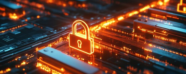 Poster - Digital security concept with glowing lock on circuit board
