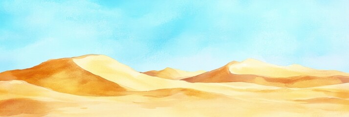 Poster - Golden sand dunes under a clear blue sky create a tranquil desert landscape with minimal watercolor style. Generative AI