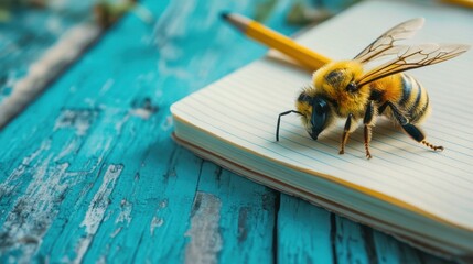 Poster - Notebook and pencil on bright wooden desk with a bee exploring blank paper in a tranquil setting. Generative AI
