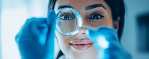 Aufkleber - Scientist woman looking through magnifying glass in laboratory