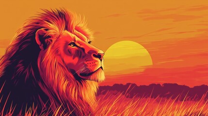 Aufkleber - Vibrant pop art lion portrait against a bold savanna sunset with space for text to convey a powerful message. Generative AI