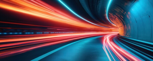 Poster - Futuristic tunnel with dynamic light trails and vivid colors
