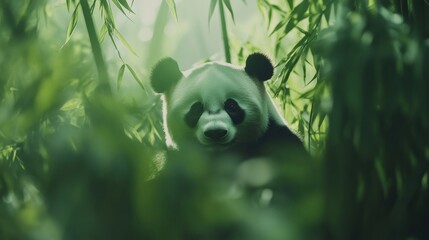 Fototapete - Panda portrait in a lush bamboo forest with serene green background and ample space for adding text later. Generative AI