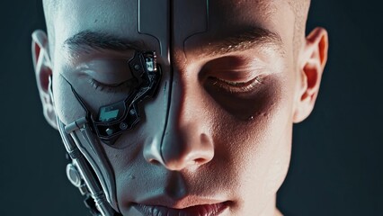 Poster - Close-up portrait of a futuristic man with closed eyes, revealing a partially robotic face, symbolizing the integration of artificial intelligence with human biology