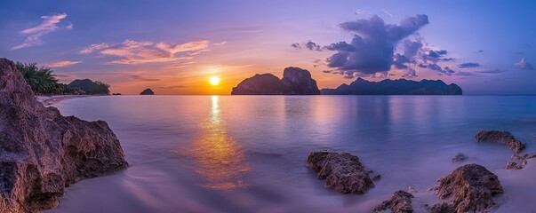 Poster - Serene sunset over calm ocean with rocky beach landscape