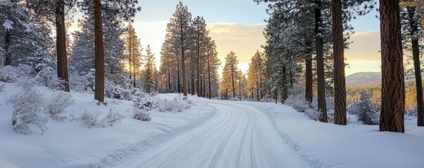 Canvas Print - Snowy forest path at sunset with tall pine trees