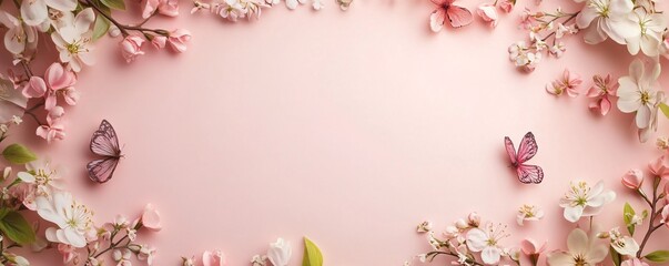 Poster - Spring floral background with delicate pink flowers and butterflies creating a romantic atmosphere