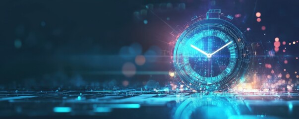 Poster - Futuristic digital clock with neon blue glowing effects on abstract tech background