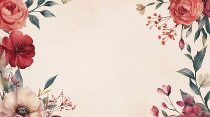 Aufkleber - Watercolor floral background with red flowers and green leaves