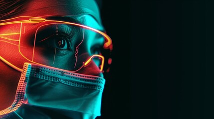 Aufkleber - Artistic close-up of a masked woman featuring a glowing neon visor and vibrant lighting, portraying a blend of high-tech style and protective fashion. AI generated.