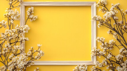 Poster - White flowers blooming around empty photo frame on yellow background