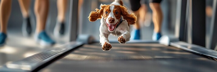 Sticker - Happy dog running on treadmill with blurred human legs in background.