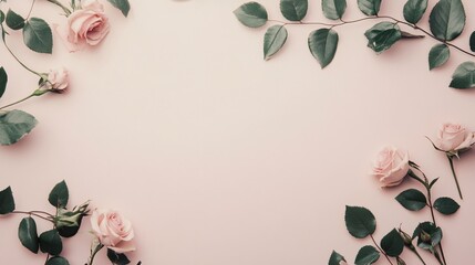 Poster - Pink roses branches forming frame on pastel pink background with copy space