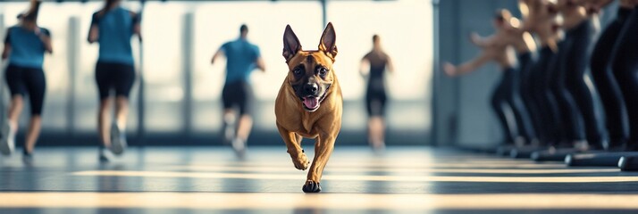 Sticker - Dog running in gym with blurred people exercising in background.