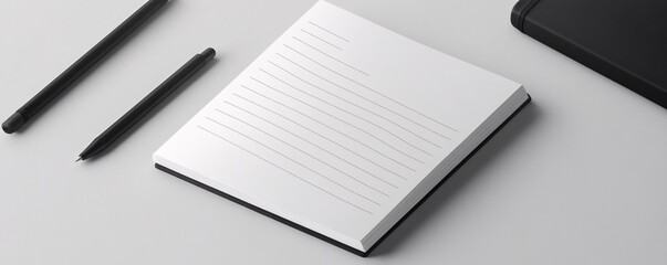 Poster - Open notebook lying on white desk with two pens and book nearby