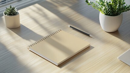 Poster - Blank spiral notepad on wooden desk with plants and pencil casting long shadows