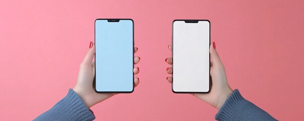 Poster - Woman holding two smartphones with blank screen on pink background