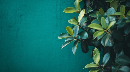 Aufkleber - Green leaves growing near teal wall creating negative space