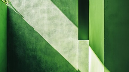 Wall Mural - Sunlight creating geometric shapes on green concrete wall