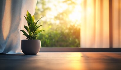 Wall Mural - Potted plant on floor near sunlit window with sheer curtains.