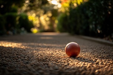 Poster - Single red bocce ball rests on a gravel pathway in sunlight.