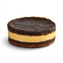 Canvas Print - A small, round dessert features a crust base, a creamy yellow filling, and a dark, glossy chocolate topping.