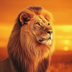 Poster - Majestic lion with a glowing golden mane basking in the warm hues of sunset with space for thoughtful text. Generative AI