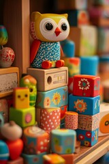 Poster - Colorful owl toy sitting on stack of wooden blocks