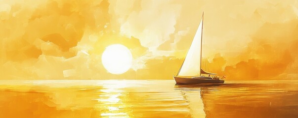 Poster - Sailboat at sunset with golden sky and calm sea reflection