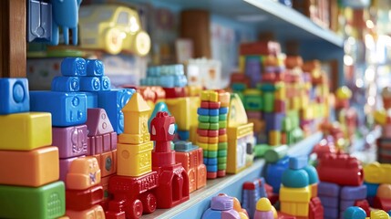 Poster - Colorful plastic building blocks forming a city on shelves