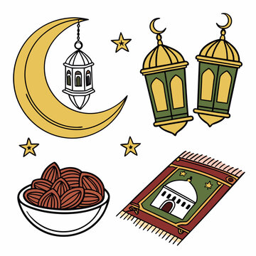 Ramadan Kareem colored icons set isolated on white background. Arabic muslim culture vector icons. Vector Illustration for Eid Mubarak holiday design. All isolated and layered