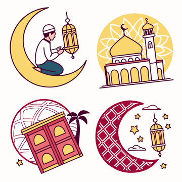 Ramadan Kareem colored icons set isolated on white background. Arabic muslim culture vector icons. Vector Illustration for Eid Mubarak holiday design. All isolated and layered