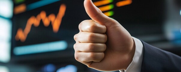 Leinwandbilder - Businessman is showing thumbs up sign on background with increasing charts