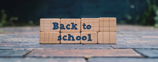Poster - Back to school spelled on wooden blocks on brick surface