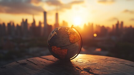 Wall Mural - Globe at sunset overlooking a cityscape.