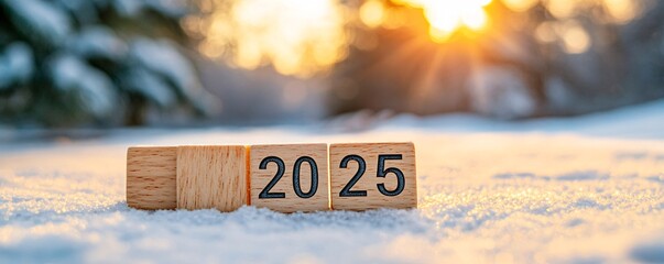 Poster - Wooden cubes showing 2025 in snowy sunset scenery