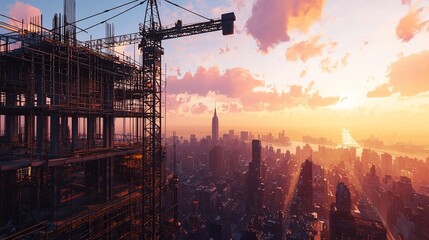 Wall Mural - Sunset cityscape with construction crane and skyscraper under construction.