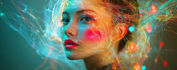 Poster - Asian female with futuristic digital light effects surrounding young face