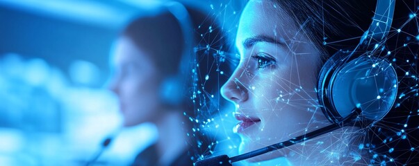 Poster - Call center operator using headset and futuristic technology