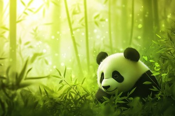 Fototapete - Panda portrait in a vibrant bamboo forest with greenery and soft light for text placement. Generative AI
