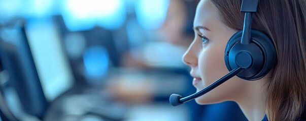 Poster - Focused female customer service representative working in busy call center