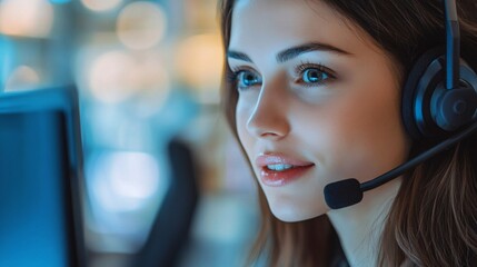 Poster - Businesswoman wearing headset is working using computer in office