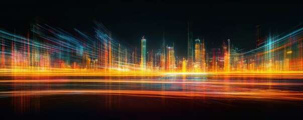 Poster - Vibrant neon cityscape at night with dynamic light trails