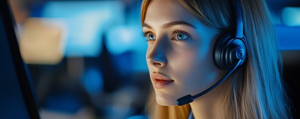 Poster - Young woman is wearing a headset and working on a computer at night