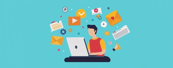 Poster - Social media specialist working on a laptop and managing social media channels