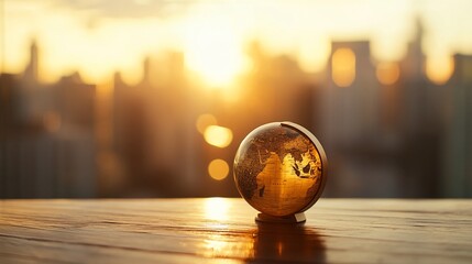 Wall Mural - Small globe on wooden surface at sunset with city skyline background.