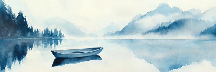 Aufkleber - Serene watercolor illustration featuring a quiet rowboat on a calm mountain lake surrounded by misty reflections. Generative AI