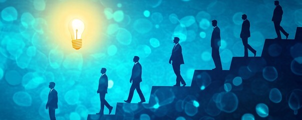 Poster - Businessmen walking up stairs following light bulb idea