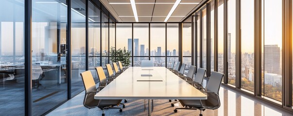 Aufkleber - Modern meeting room overlooking city at sunset with big windows